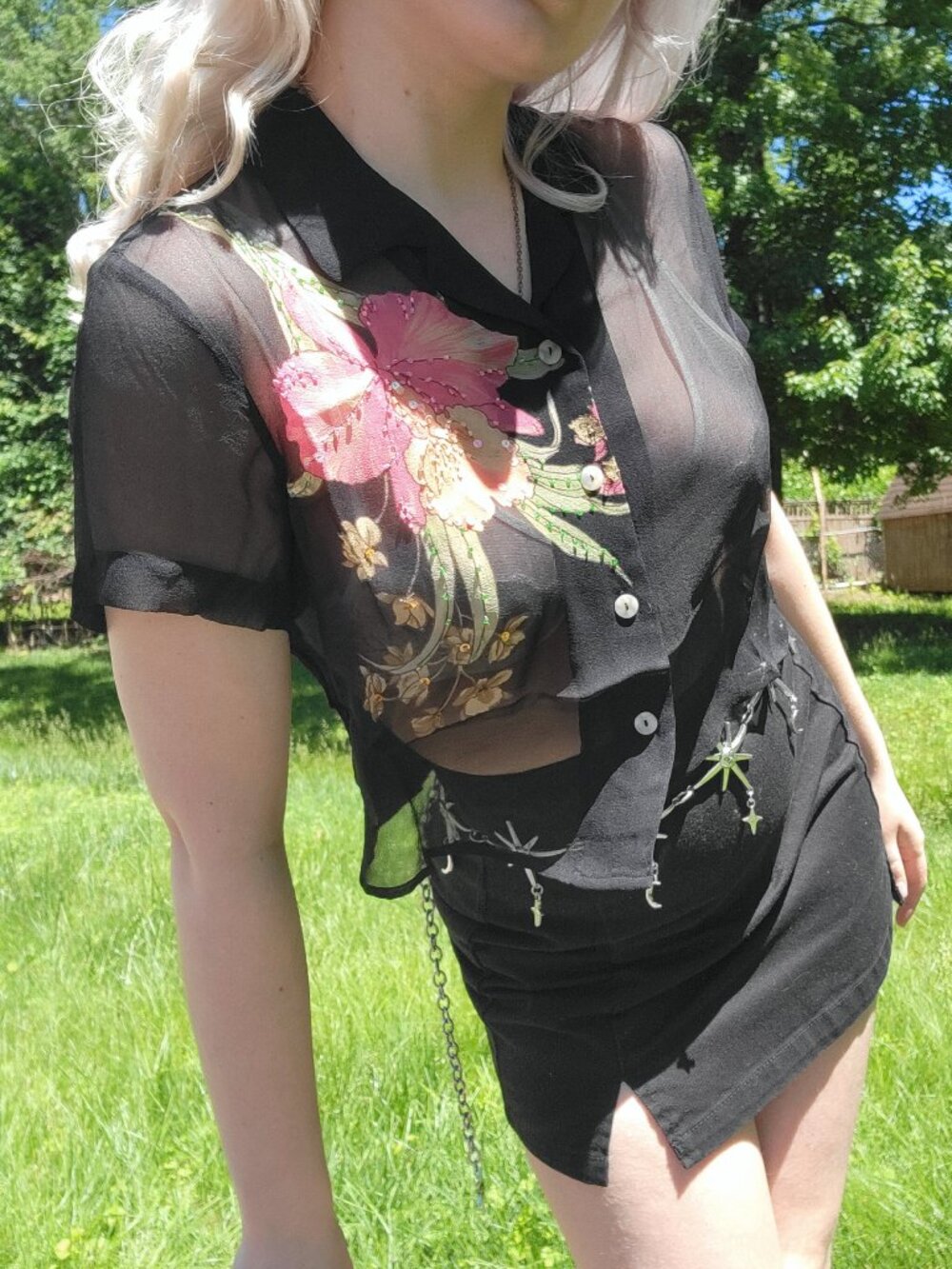 ₊˚🌺⊹ Robbie Bee cropped sheer silk beaded top ✧🌺˚.